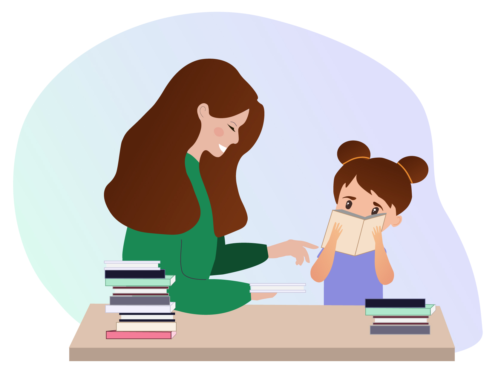 Gastouder die na het afronden van de opleiden van Nanny Nina Academy bij een gezin thuis aan het werk is en een van de kindjes helpt met lezen.