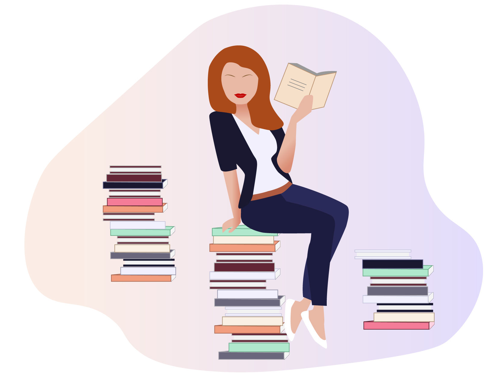 Drie stapels boeken. Op de middelste stapel zit een gastouder in met een blauwe broek en een blauw jasje te lezen in de reader van de Nanny Nina Academy
