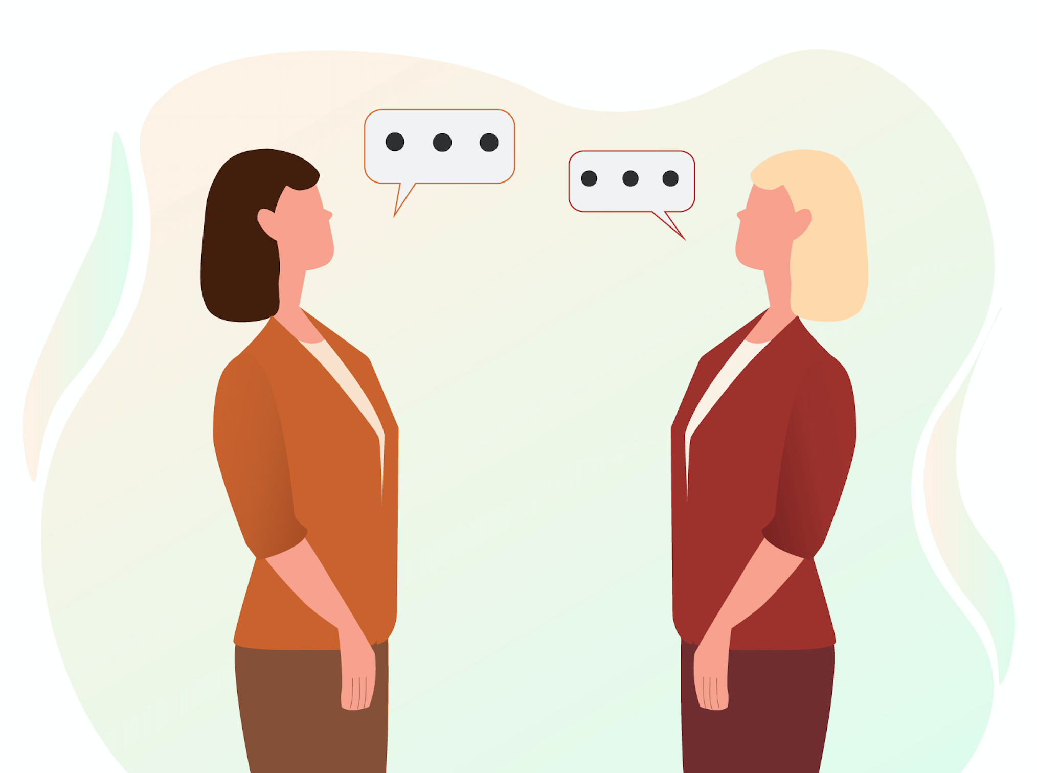 Twee dames die allebei in het rood kleed zijn die tegen elkaar praten tussen de dames in twee tekstwolkjes met drie puntjes erin